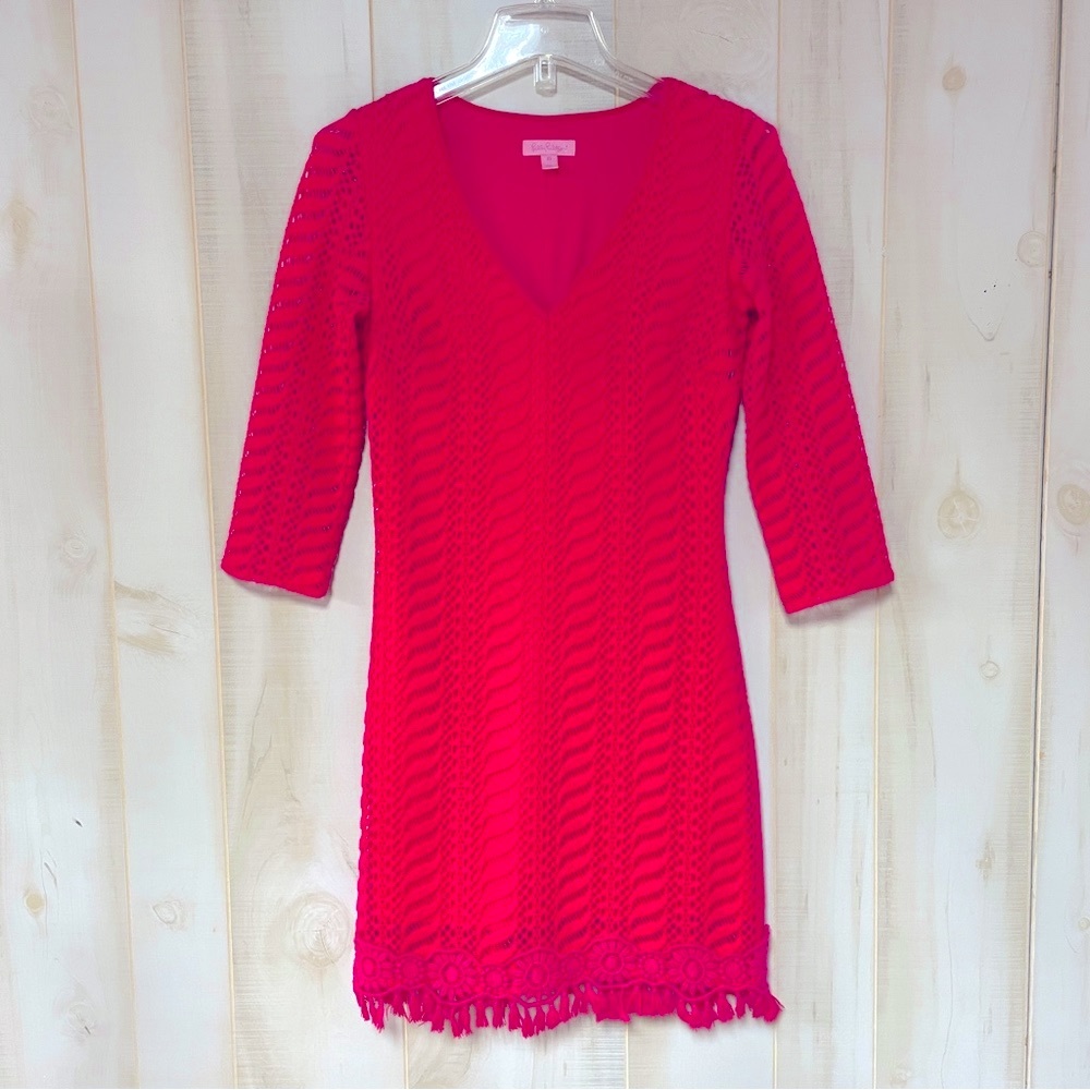 Lilly Pulitzer Hot Pink Crochet Cutout V -Neck Long Sleeve Dress W/ Fringe Sz XS